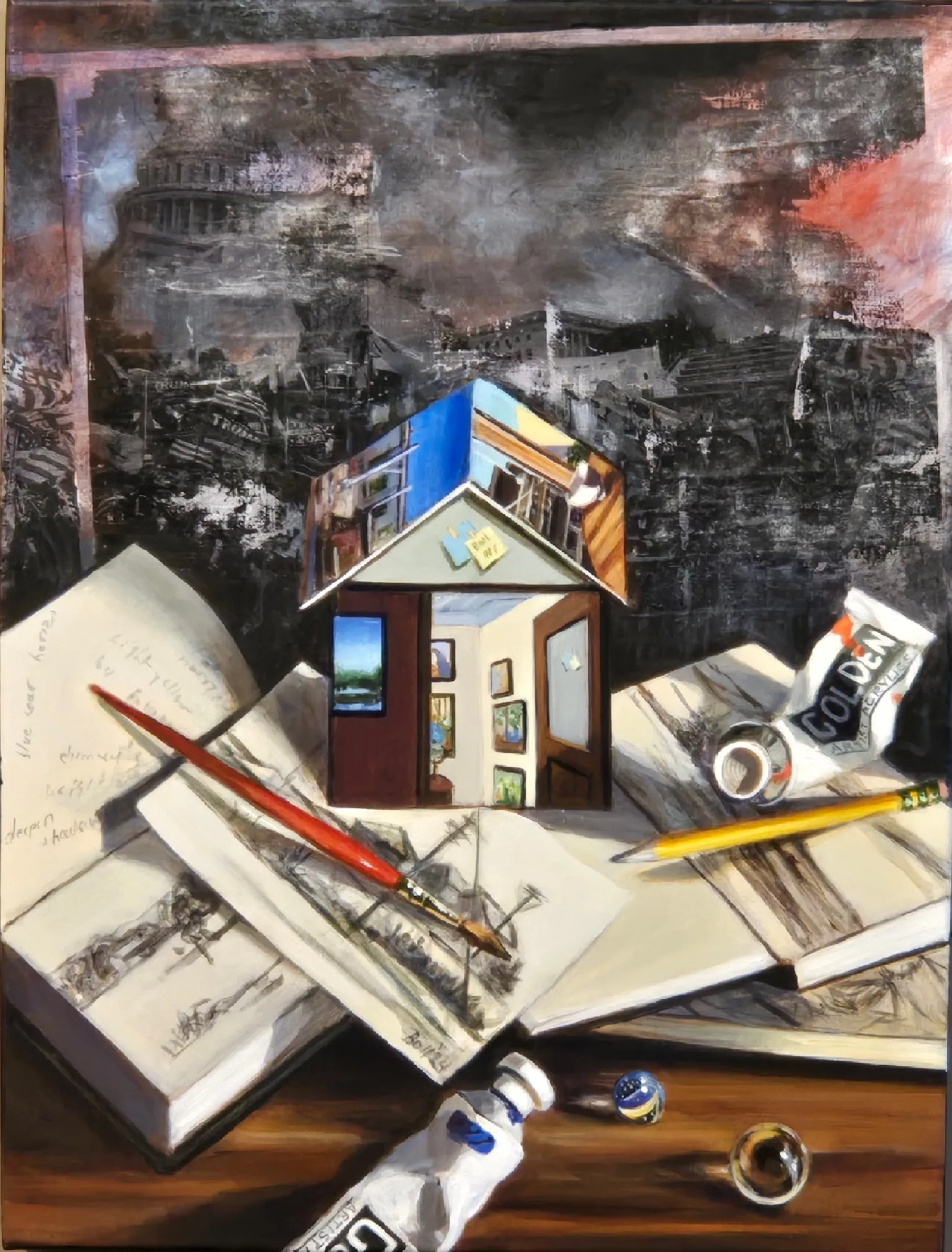 Sanctuary: Shelter From the Storm, Acrylic on linen, and image transfer by Michele Boll
