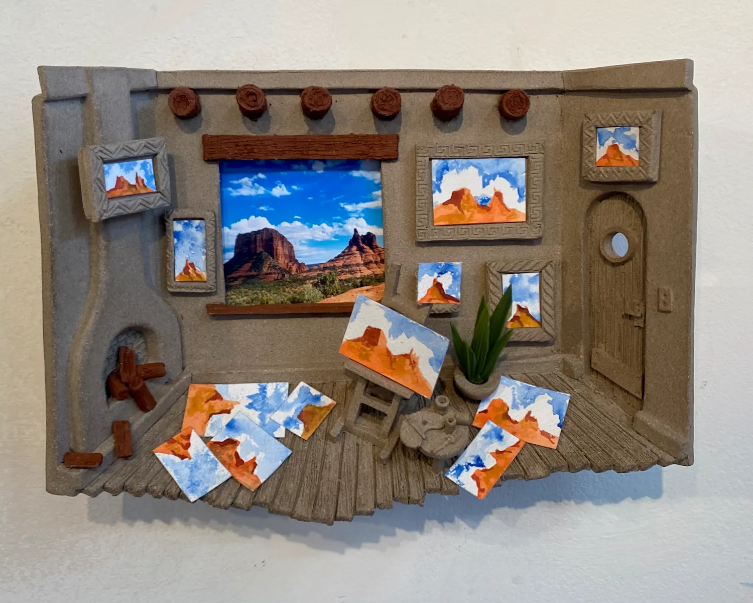 Sedona Studio, Mixed media: Photograph (taken by the artist), watercolor, stoneware clay, plastic plant by John Brickels