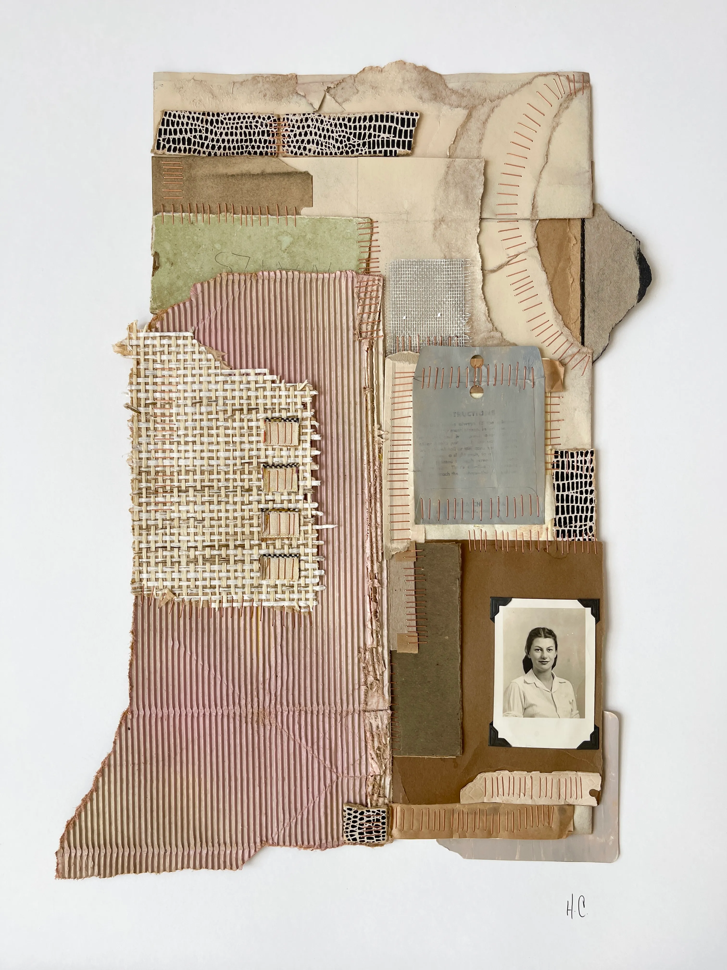 Fragments No.13, Mixed media: Acrylic, spray-paint, cardboard, staples, screen patch, vintage boxes, photograph, grass cloth wallpaper, recycled envelopes, book binding by Heather Carroll
