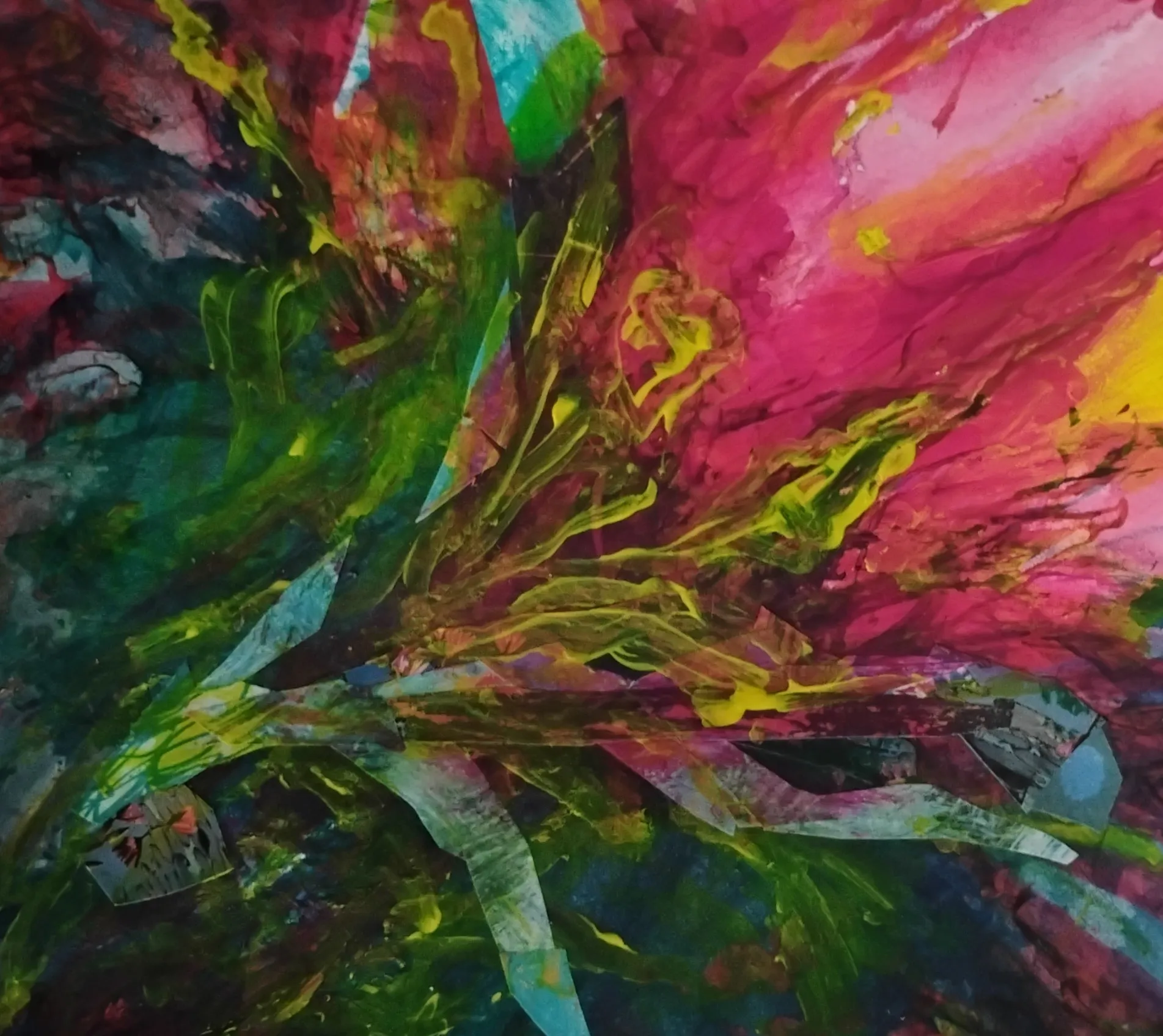 WILDFIRE, Mixed media: Fluid acrylics on paper with collage by Helen Hankin