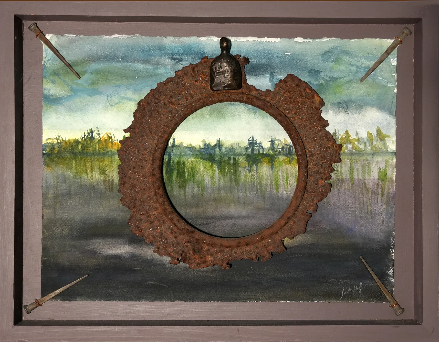 Portal, Watercolor, bronze bust, found metal, wood, old nails by Linda Hoffman