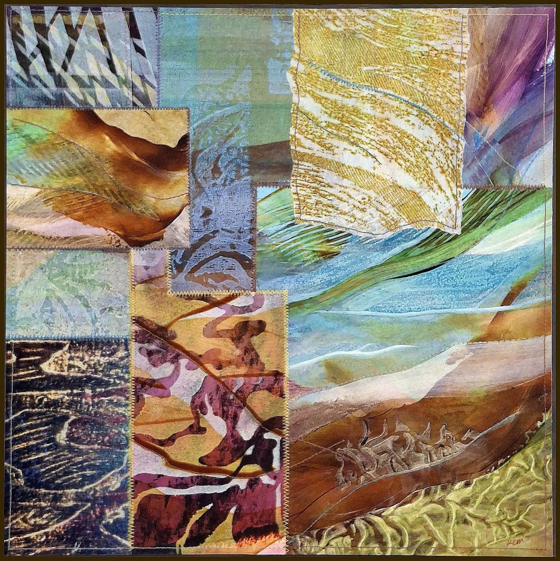 Daydream, #12, Mixed media: Paper, acrylic paint, ink, upcycled and altered book and magazine pages, colored pencil, thread. Mounted on cradled panel. by Karen McCarthy