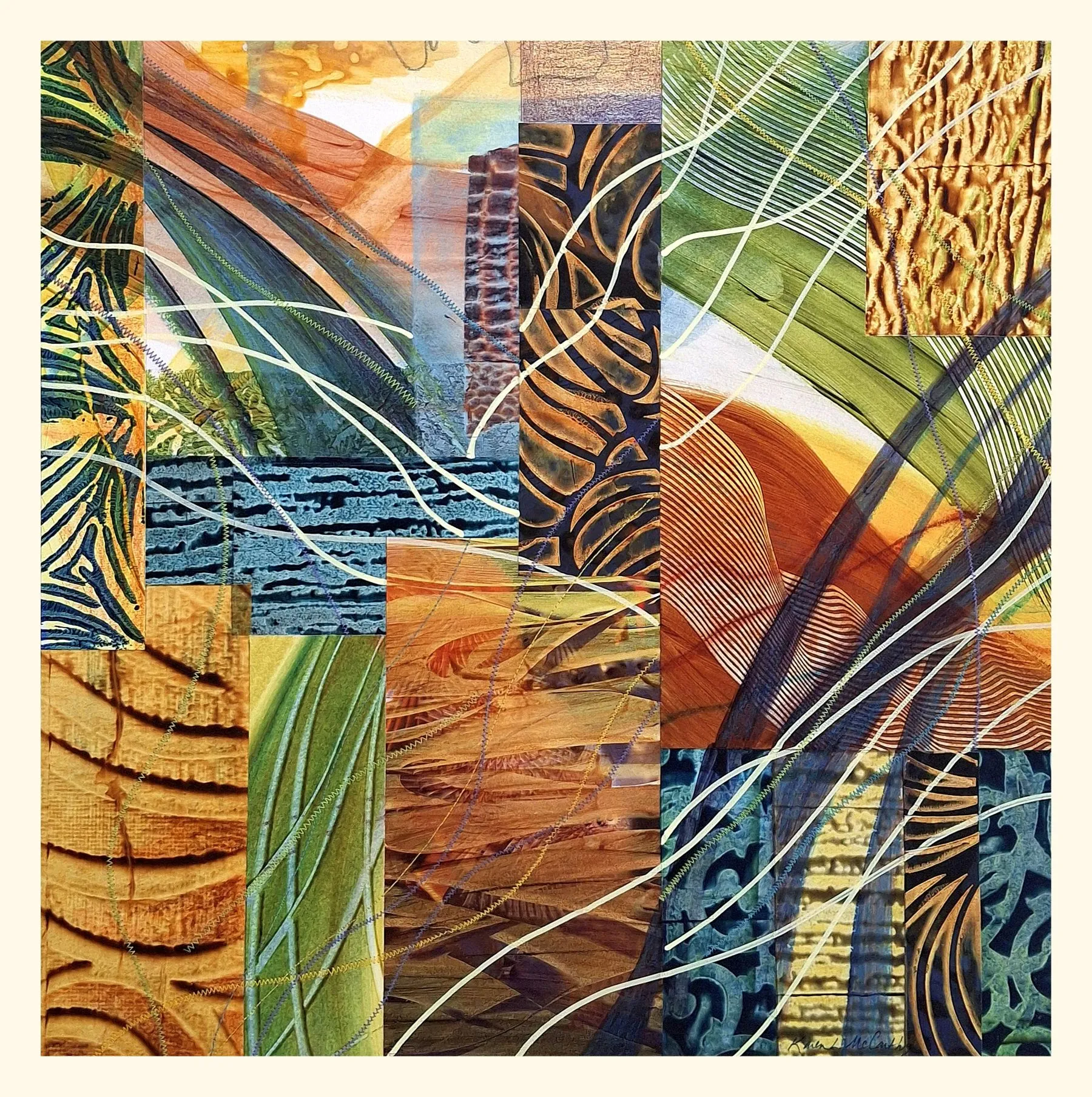 Deliberate Wanderings, #17, Mixed media: Paper, acrylic paint, ink, paint marker, upcycled and altered book pages, colored pencil, thread. Mounted on cradled panel. by Karen McCarthy