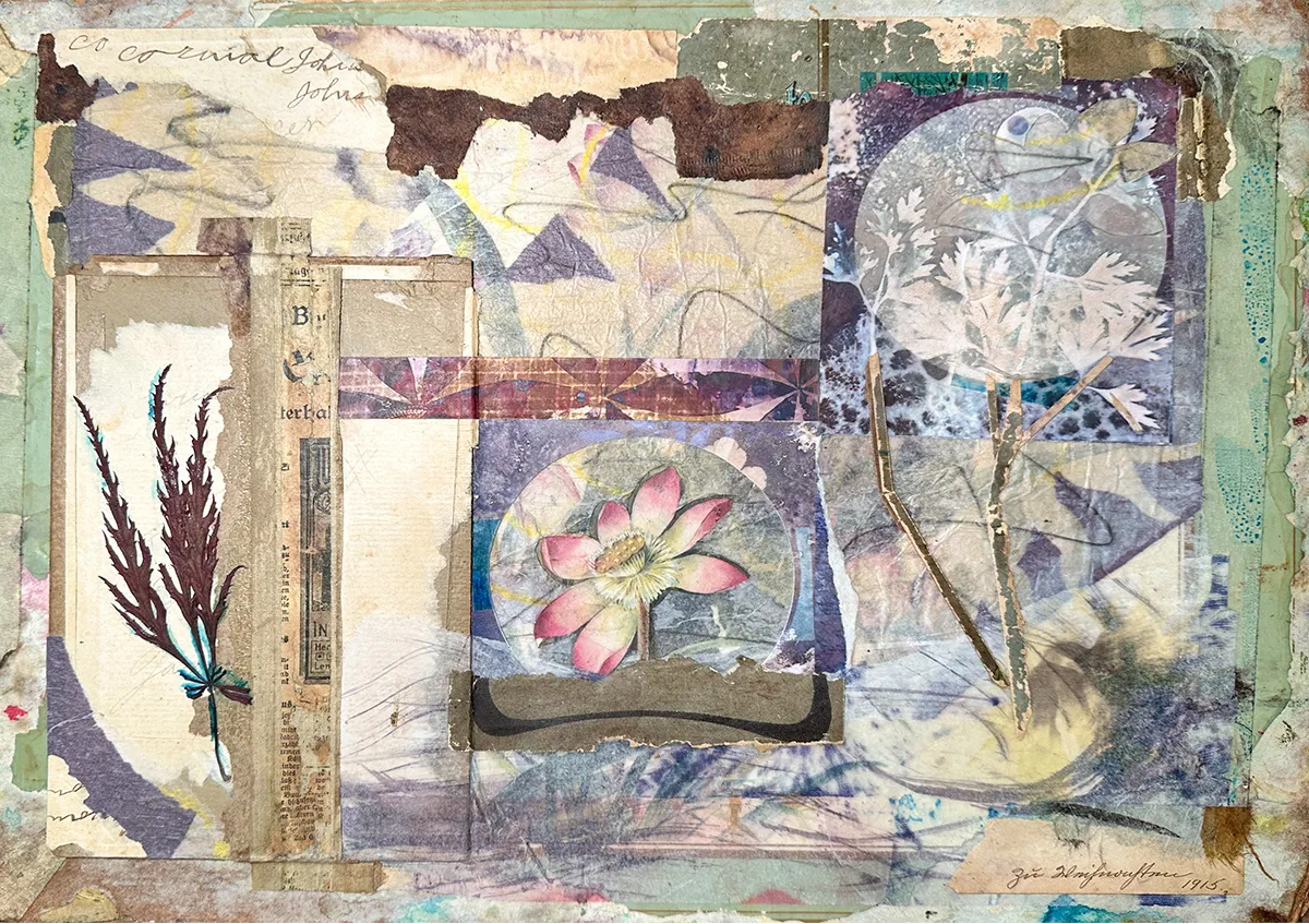 Herbarium, 1915, Deconstructed book collage, ephemera, watercolor, reverse cyanotype print with botanical leaf and cold wax on a laminated place mat, mounted to wood panel. by Fay Senner