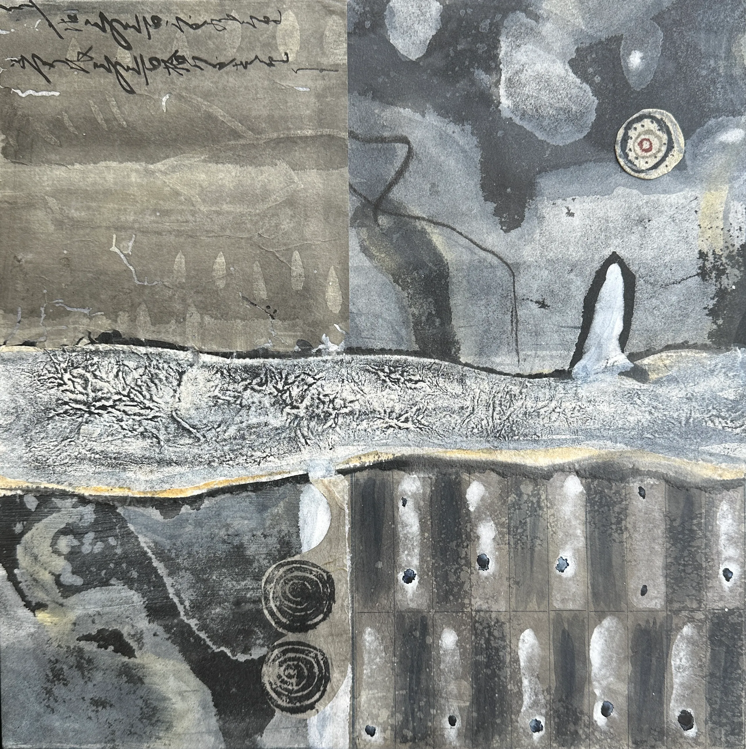 Fault Lines, Sumi inks on kozo paper, collage, chalk and cold wax, on wood panel. by Fay Senner