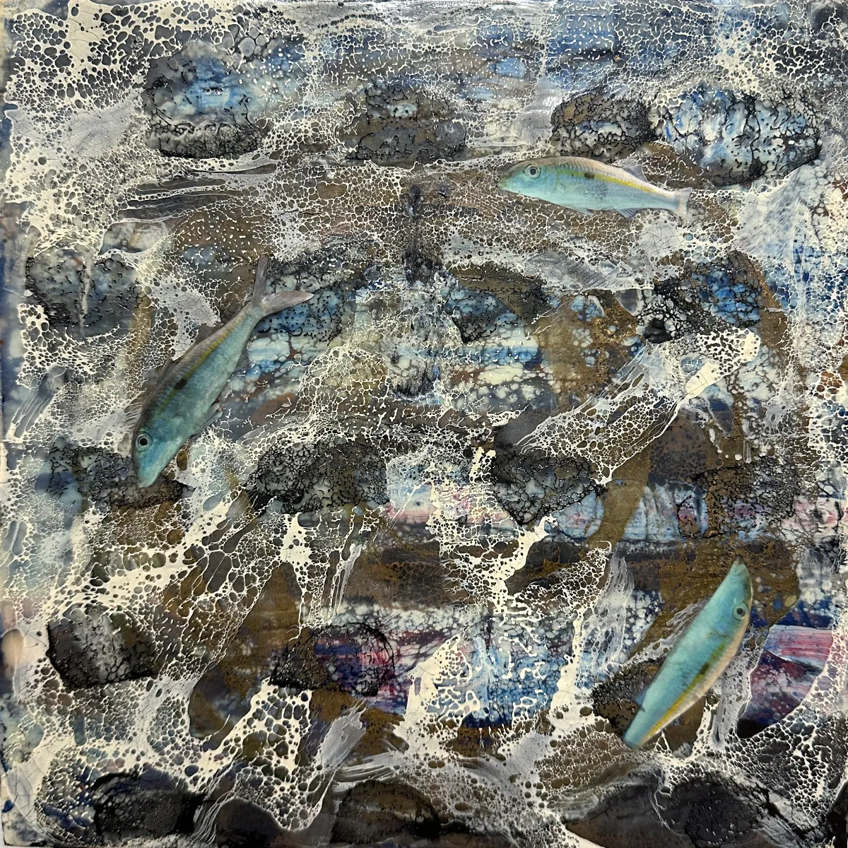 Undertow Archive, Encaustic pigmented beeswax using a shellac technique for texture with paper collage on wood panel by Fay Senner